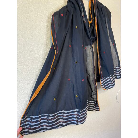 Boho Cottage Core Deep Black W/ Orange Detail Light Weight Shawl Scarf - Picture 2 of 9